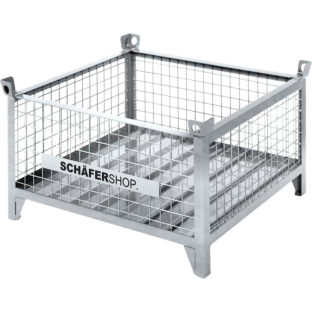 Panier grillagé en métal avec le logo 'SCHÄFERSHOP'. Le panier a une base carrée, repose sur des pieds et possède des œillets de transport.